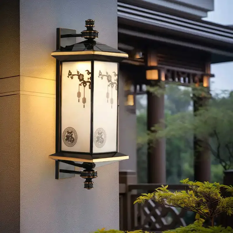 All copper solar wall lamp, outdoor balcony door lamp, garden wall new Chinese style