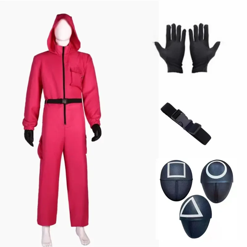 Red Calamari Game Jumpsuit Cosplay Party Tracksuit Outfits Props Role Play Classic Costume From Korean TV Belt Full Mask Set