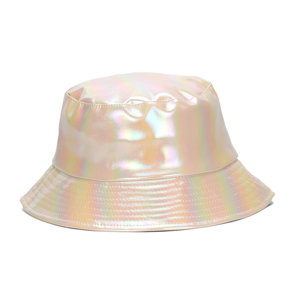 High Quality Springautumn Imitation Leather Luminous Laser Rainbow Colours Unisex Bucket Hat for Women Actor Stage Jazz Cap DY19