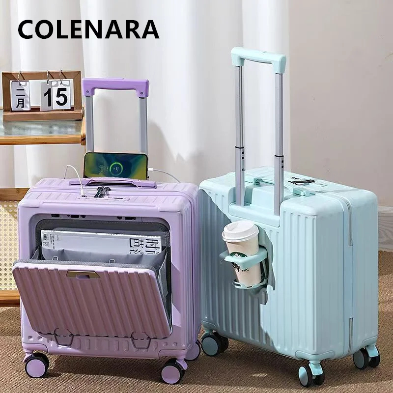 COLENARA USB Charging Suitcase Front Opening Boarding Case Laptop Trolley Case 18 Inches Multi-function Rolling Suitcase