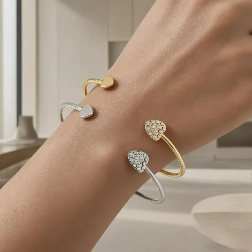 2026 New Fashion Adjustable Crystal Double Heart Bow Bilezik Cuff Opening Bracelet For Women Jewelry Accessories Gifts