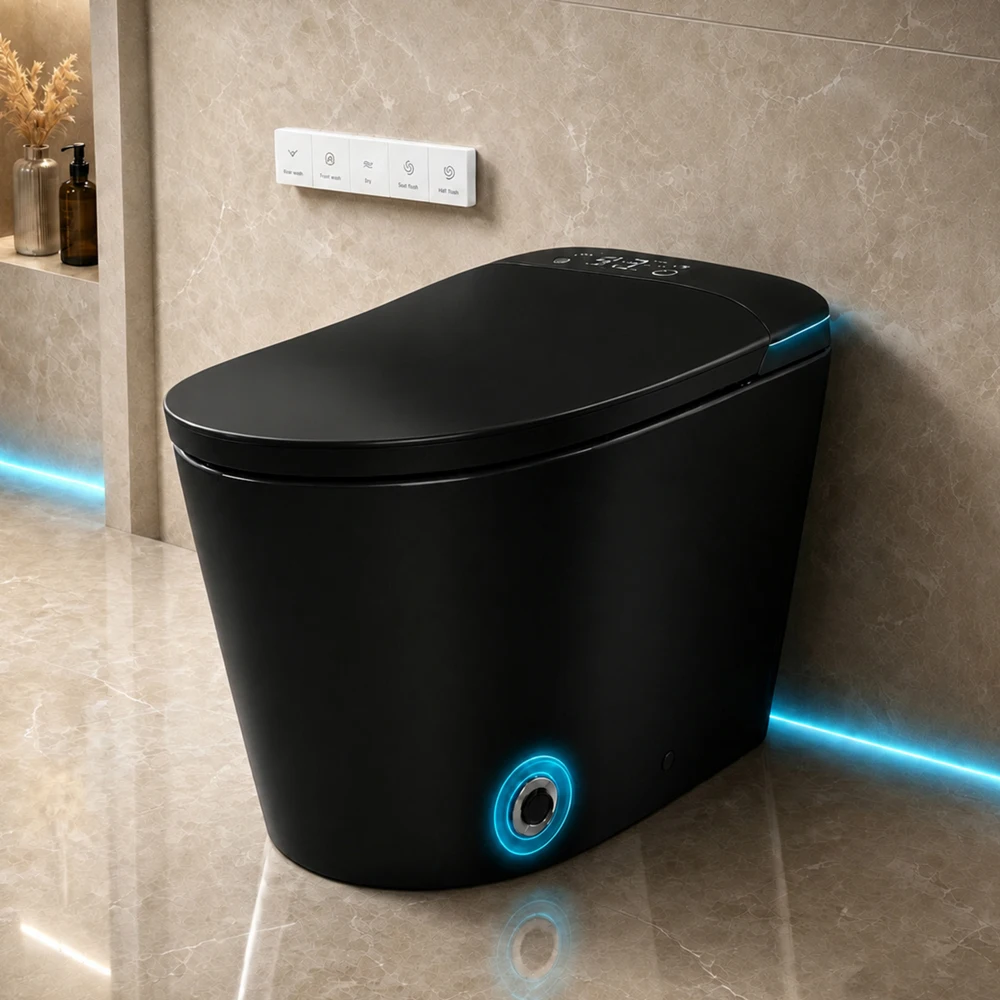 Auto-sensing Black Smart Toilet Build in Tank Foot Sensor Night Light LED Display with Foam Shield Cleaning Heated Seat Personalized Wash Modes Auto Open Close Lid Bidet Bathroom Toilets