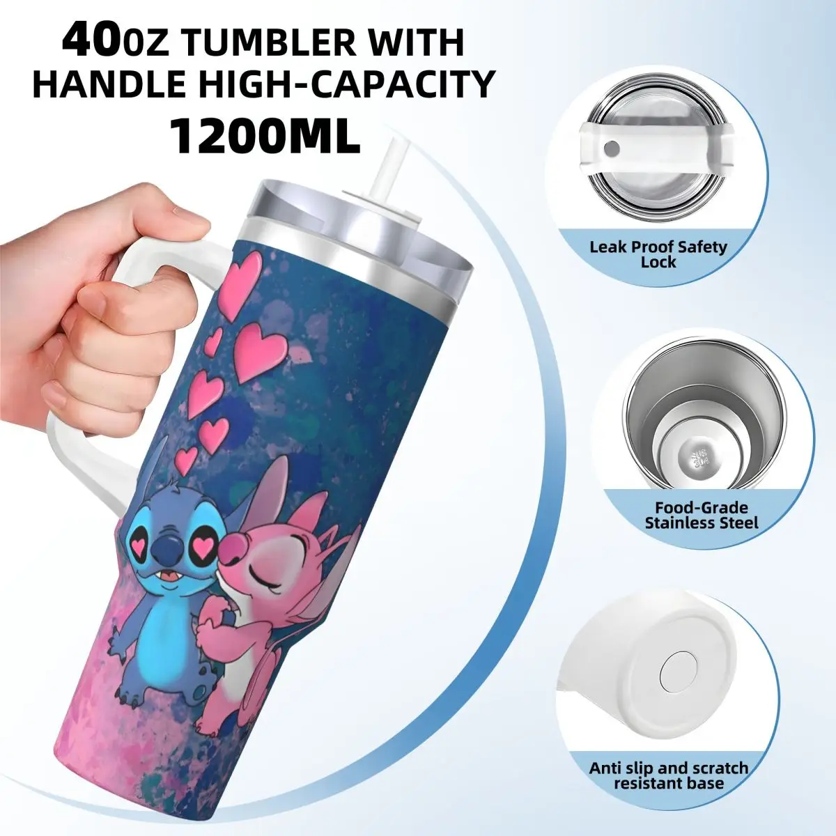 Angel And Stitch Stainless Steel Tumbler Camping Mugs Cup Large Capacity Coffee Mug Heat Preservation Drinks Milk Water Bottle