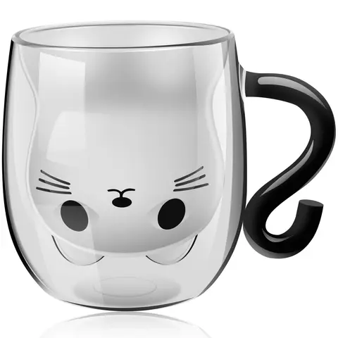손잡이가 달린 귀여운 고양이 찻잔, 이중 진공, 250-300ml 유리 고양이 커피 머그잔, 내열성 유리 물 머그잔
