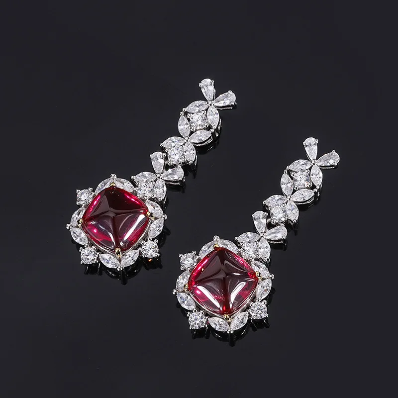 Jewelry S925 Silver Gemstone Red Gemstone Sugar Tower Full Diamond Pendant Ring Earrings Three-Piece Set