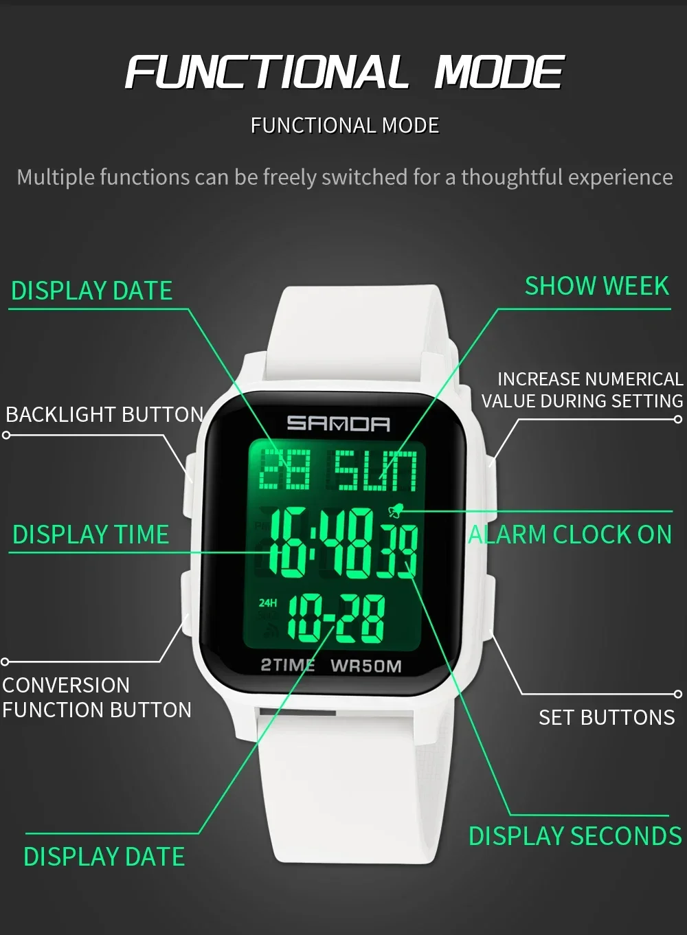 SANDA 6211  Men's and Women's Form Display Electronic Watch Electronic Watch Student Fashion Trend Multi functional Waterproof
