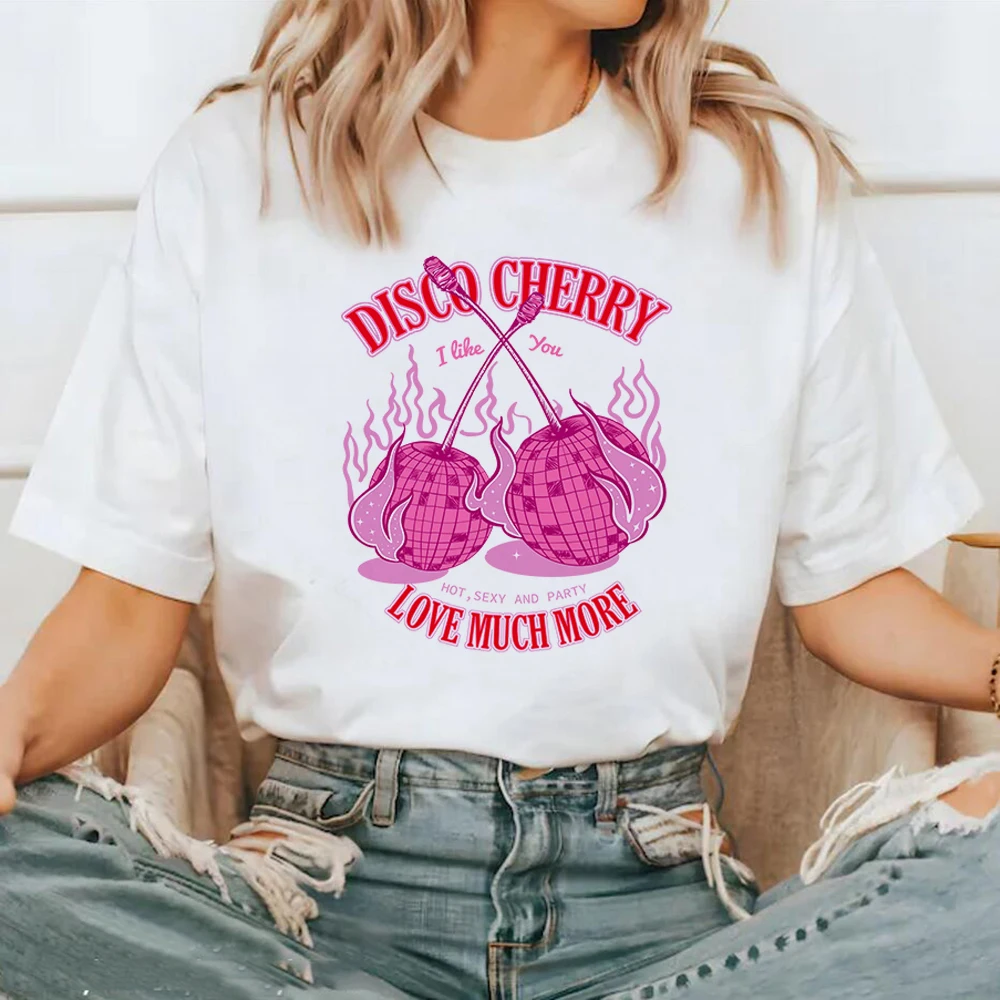 2025 Women's Fashion Fruit Pattern Cartoon Top Disco Cherry Love Much More Printed Women's Summer Short Sleeved Basic T-Shirt