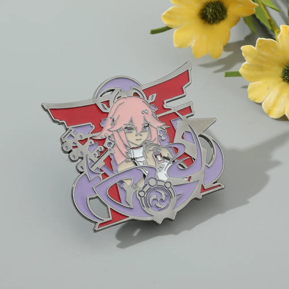 Game Impact Scaramouche Kunikuzushi Diluc Zhongli Yae Miko Cosplay Badges Anime Heros Kawaii Metal Brooches Backpack Pins