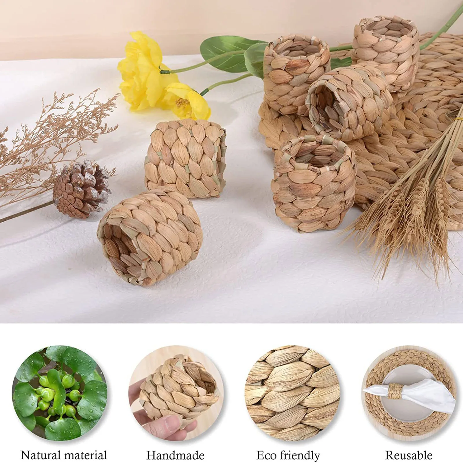 Reusable Natural Material Straw Rope Woven Napkin Holder Water Hyacinth Grass Napkin Buckle Napkin Ring Wedding Table Decor