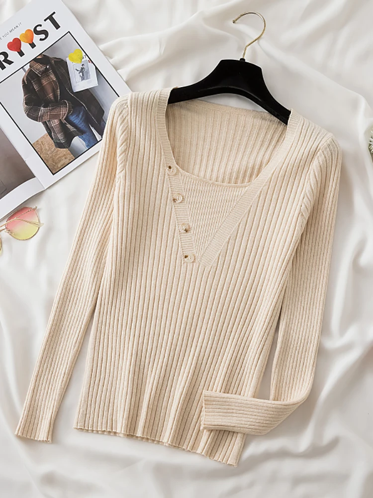 Women \'s Sweater Pullovers Casual Long Sleeve Button Chic Sweater Jumpers 2024 Basic slim soft autumn winter O-Neck Tops