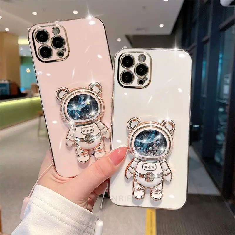 Astronaut Holder Plating Silicone Case For Iphone 14 13 11 12 Pro Xs Max Mini Xr X 6 7 8 Plus 14pro 13mini Lanyard Cover Se 2022