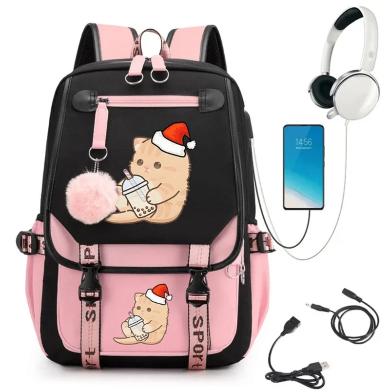 Mochila escolar con carga Usb, bolsa de libros de Anime, Boba, gatito, Burbuja, té, dibujos animados