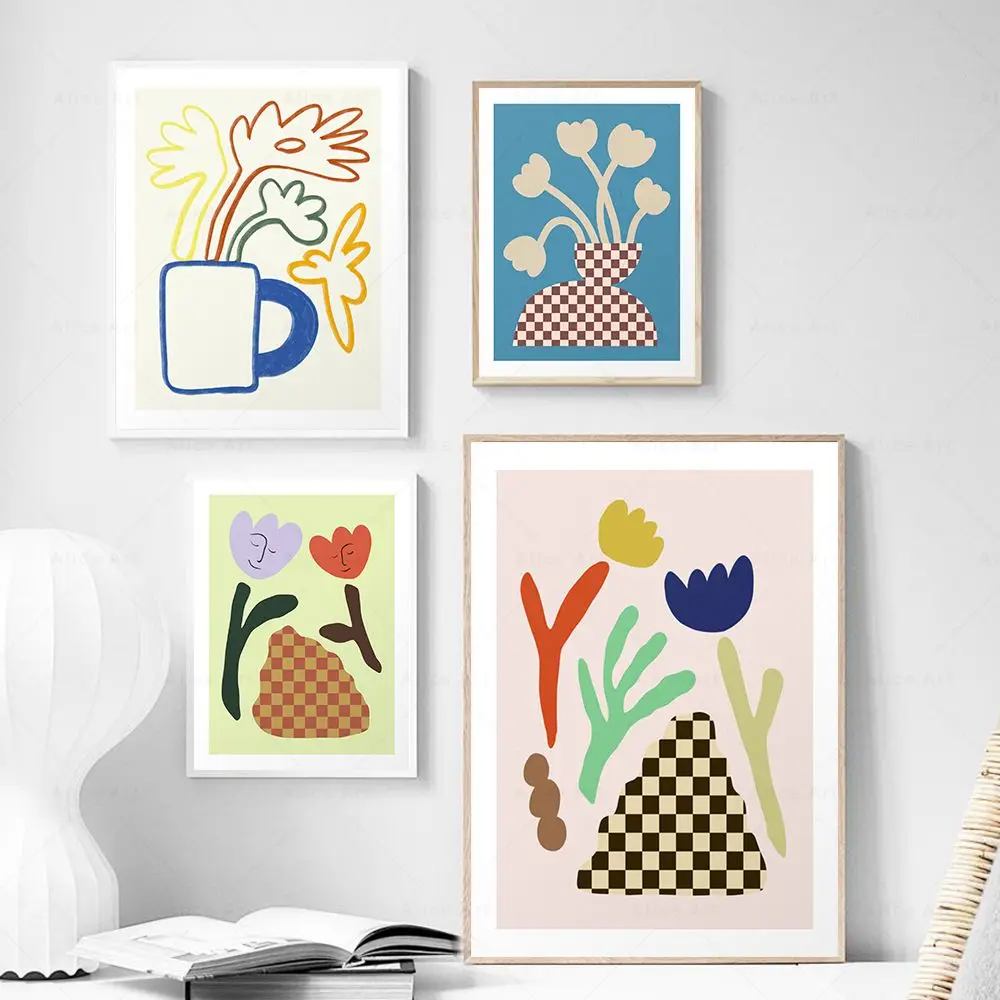 Abstract Colorful Vase Flower Poster Curve Leaves Plant Wall Art Print Canvas Painting Nordic Picture For Living Room Home Decor