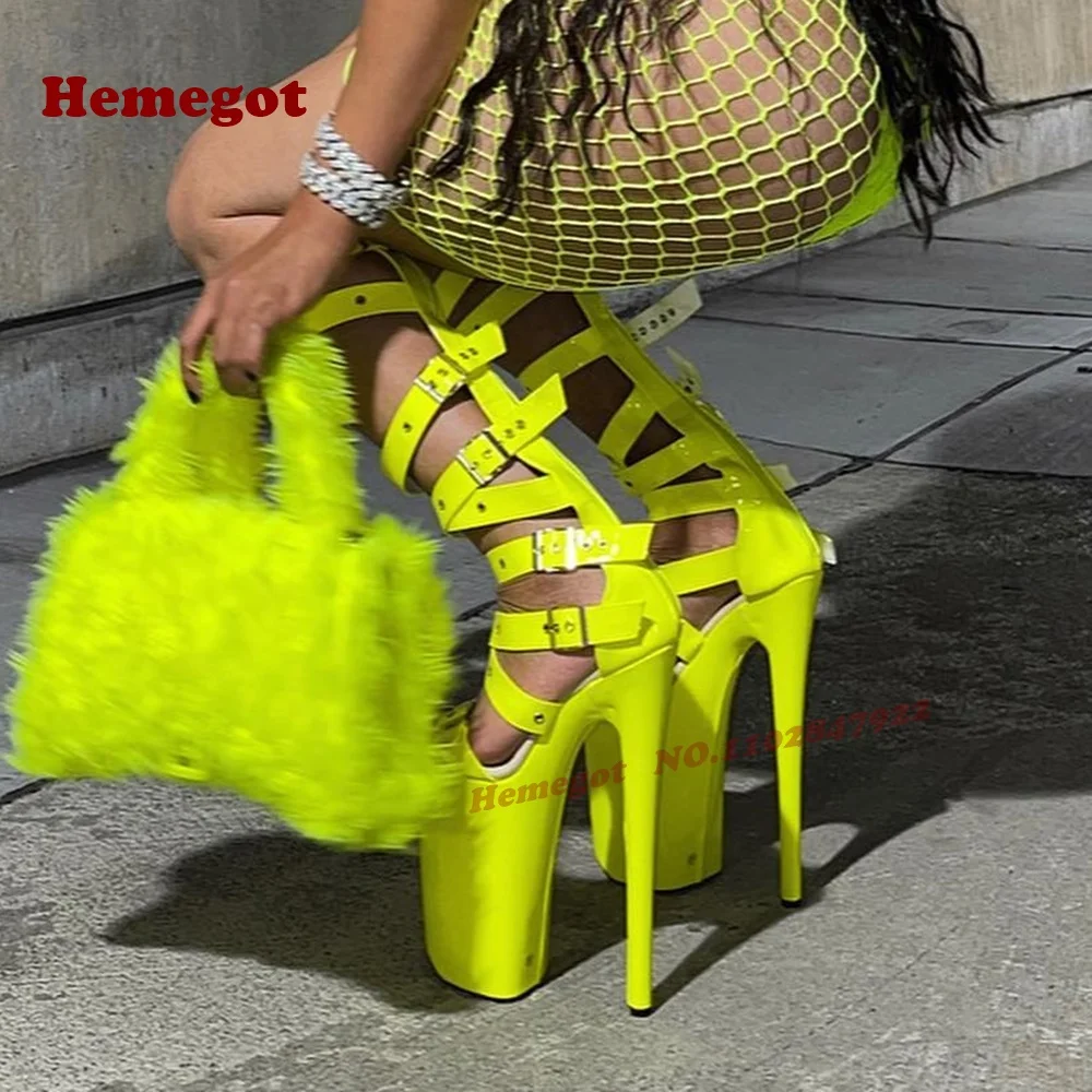 

Флуоресцентные зеленые сандалии на платформе для ночного клуба с пряжками на ремне, женские сандалии на очень высоком каблуке, роскошная обувь с тонкой молнией сзади и вырезами