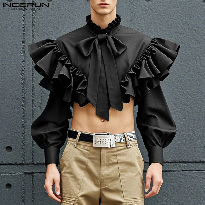 Fashion Casual Style Tops INCERUN New Men's Cropped Ruffle Edge Decorative Shirts Male Personality Bow Long Sleeved Blouse S-5XL