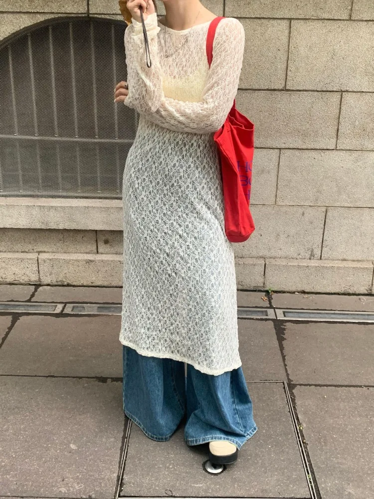 فستان كوري من الدانتيل الثقيل للنساء لخريف وشتاء شفاف من خلال فساتين نسائية بيضاء على الطراز القوطي العتيق فيستدوس دي موجر