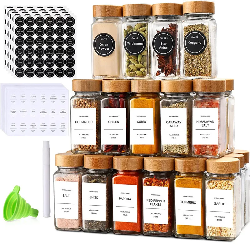 

12pcs Wood Cover Glass Spice Jars Square Transparent Seasoning Storage Bottles Kitchen Salt Spices Ground Pepper Sealing Tools