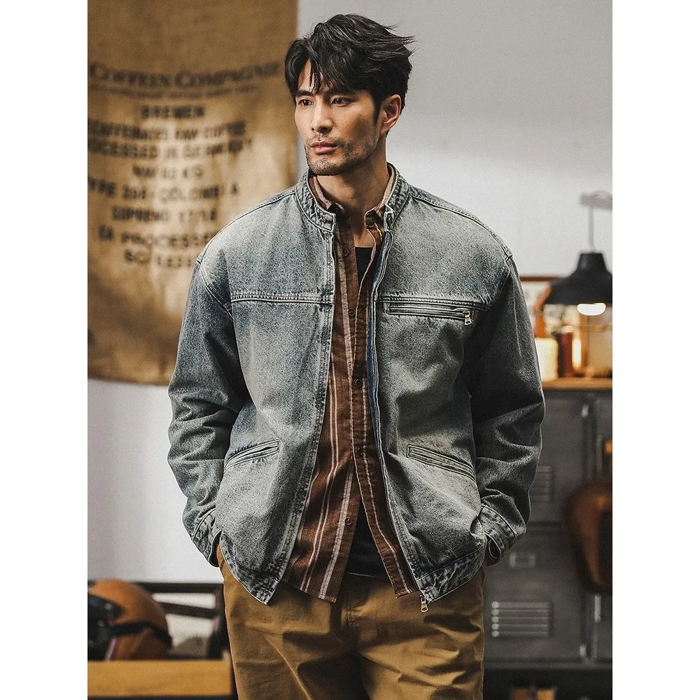 

Мужская винтажная потертая джинсовая уличная одежда, модная свободная повседневная джинсовая куртка-карго-бомбер, большие размеры, джинсовое пальто с воротником-стойкой, верхняя одежда