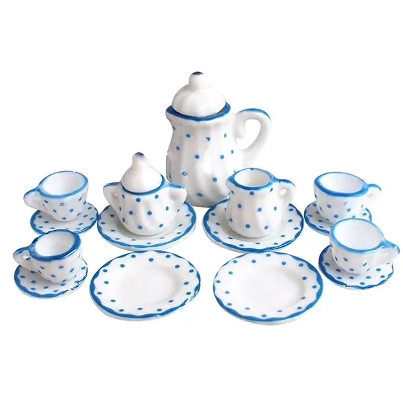 

Miniature 1: 12 Toy 15 Pcs Blue Flower Porcelain Tea Set Simulation Dollhouse