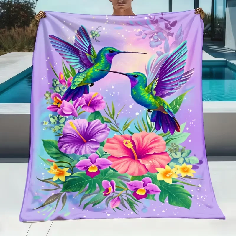 Hummingbirds Flowers Flannel Blanket - Contemporary Bedspread with Base Soft Bedspread Suitable for Boys Girls Thanksgiving Gift