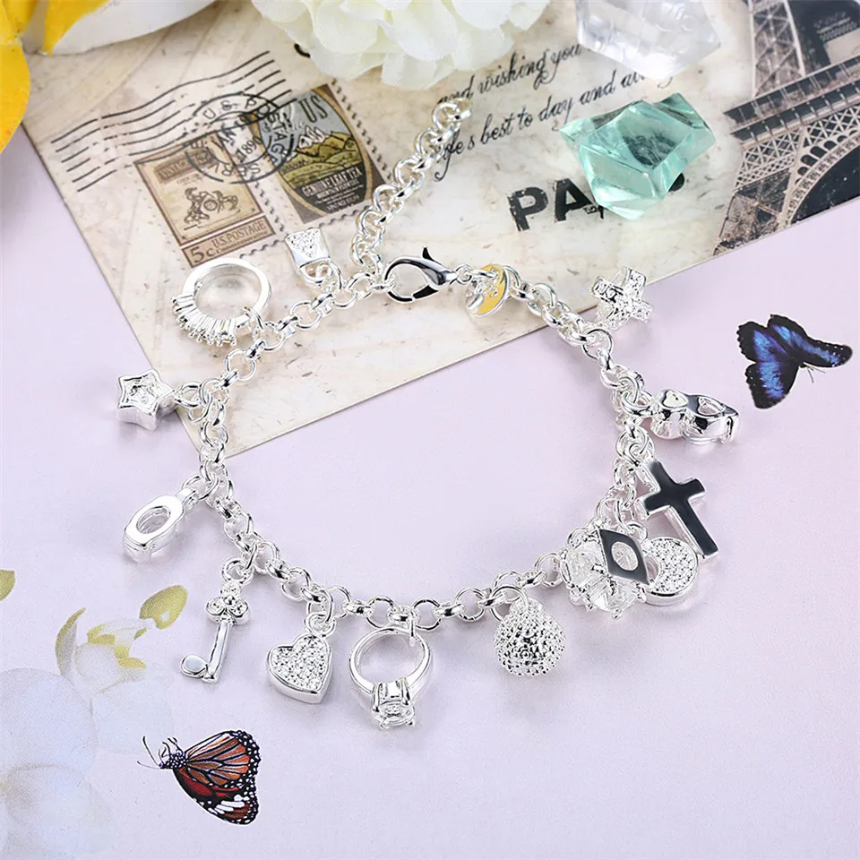 

925 Sterling Silver Bracelets For Women Jewelry Wristband Multi Charms Bracelet Wedding Party Gift
