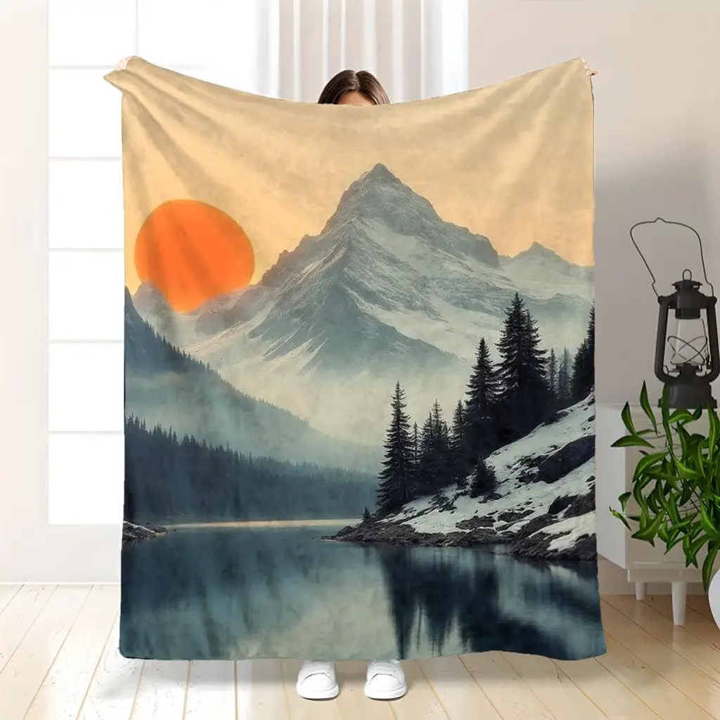 1pc Mountain and sunset pattern blanket, made of polyester, machine washable, suitable for bedroom and living room use.