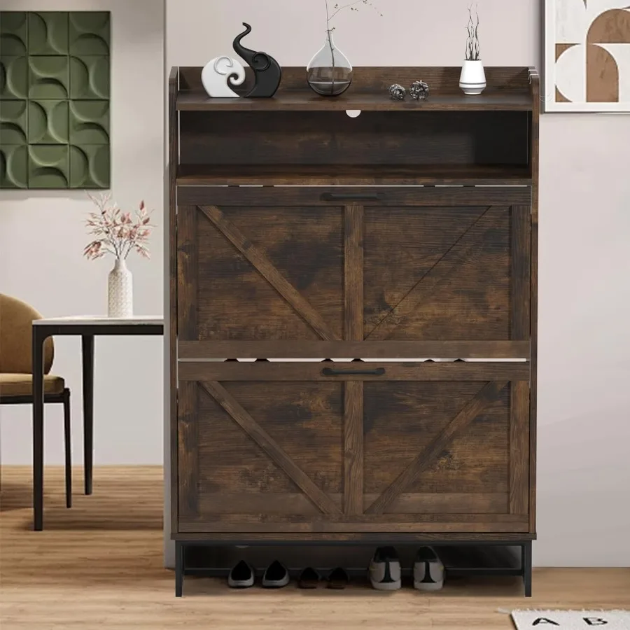 

Shoe Storage Cabinet with 2 Flip Drawers for Entryway Hallway: Farmhouse Style Freestanding Organizer with Metal Legs Cubby and