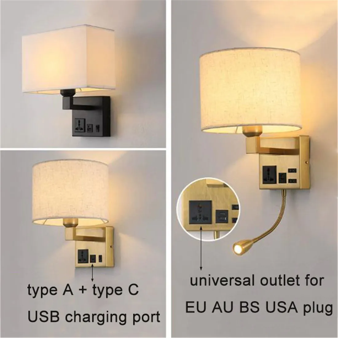 

White Gray Fabric Drum Shade Wall Light with AC Universal Outlet and Type A + Type C USB Charging Port for Home,Office,Hotel