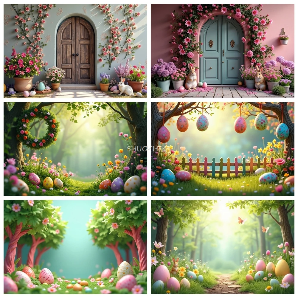 Easter Bunny Rabbit Eggs Backdrop Spring Garden House Tulip Background Green Forest Rainbow Photography Decorations