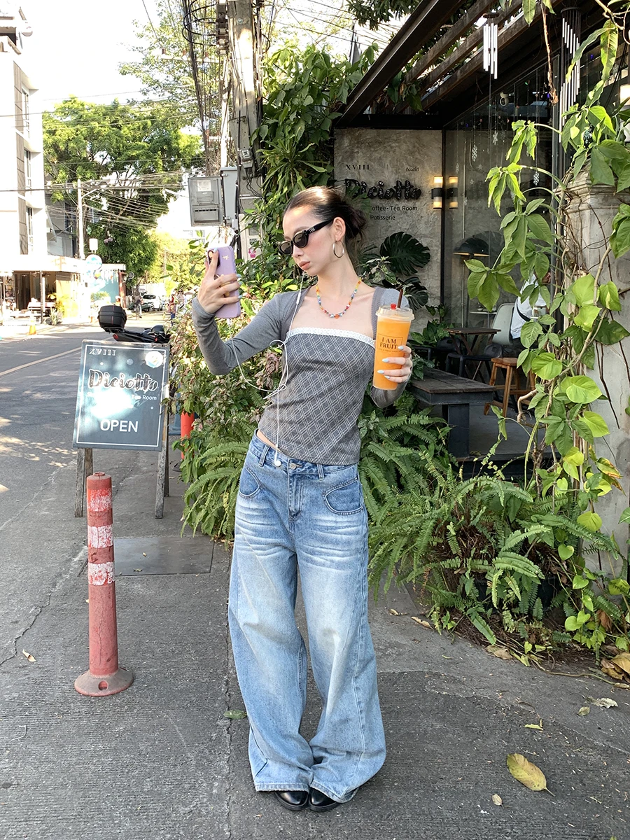 

American Sle Light Blue Denim Pants Women's Low Waist Wide Leg Loose Slimming Long Pants Spring Season Casual Sle