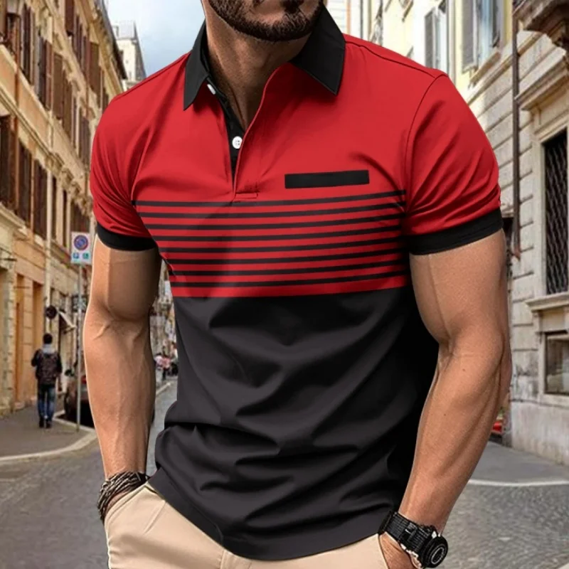 Men's striped polo shirt, fashionable and versatile pullover collar casual business shirt for holidays - short sleeve version
