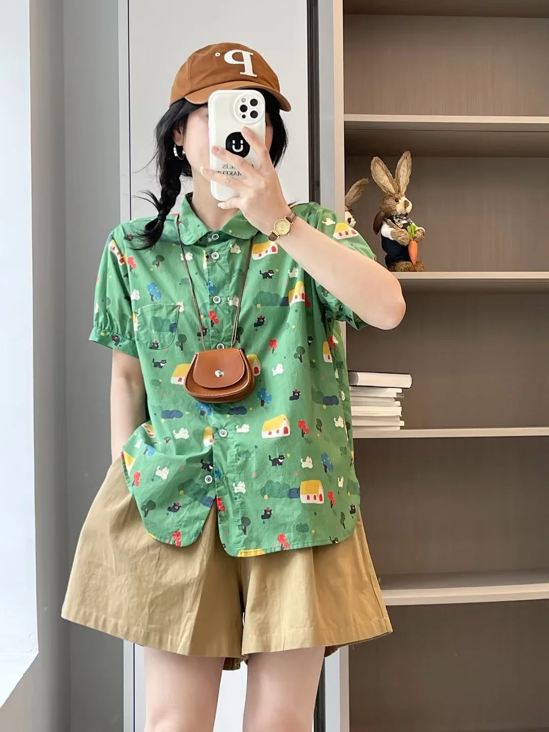 Cotton cartoon printed shirts and blouses for women harajuku fashion summer short sleeve shirts large size tops Hawaiian shirt