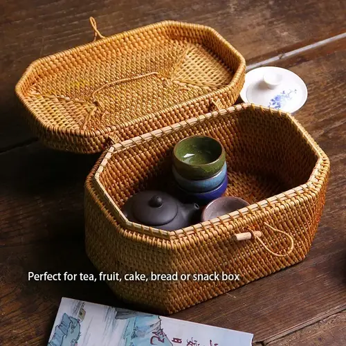 Handwoven Rattan Storage Box with Handle Wicker Ornament Box Tea Set Container Picnic Bread Fruit Cake Basket Kitchen Organizer - Image 3