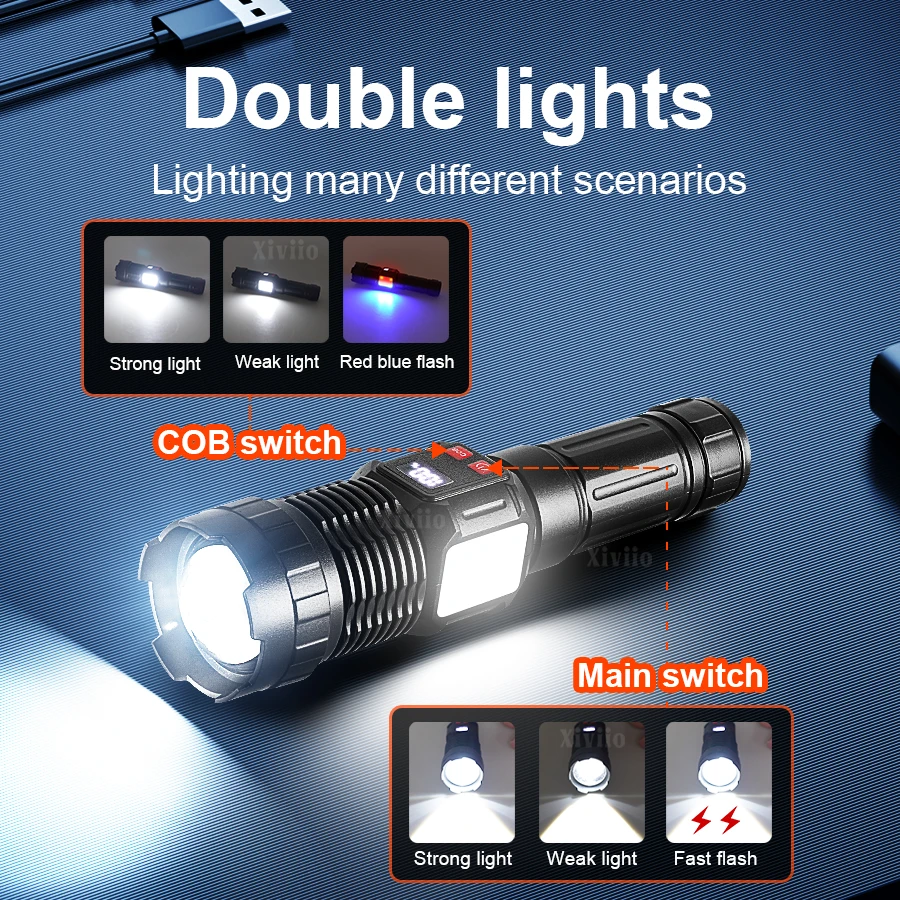 200000LM عالية قوة مصابيح كاشفة بلمبات LED مع عرض قابلة للشحن مصباح يدوي قوي التكتيكية الشعلة مصباح فانوس التخييم