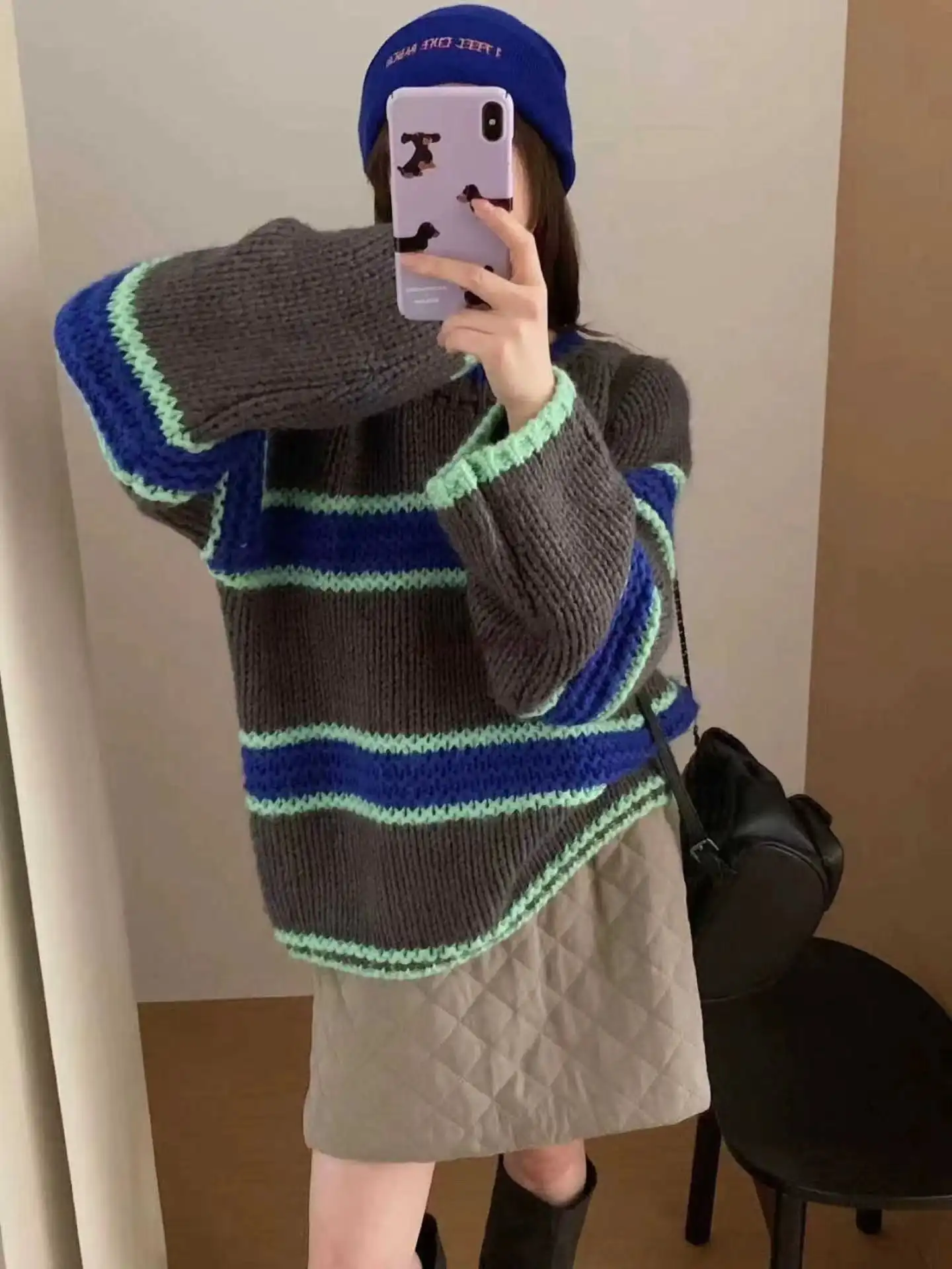 Chic Loose Long Sleeve Knitted Sweater round Neck Striped Autumn Winter New Style Women's Regular Fit Comfortable Casual Sweater