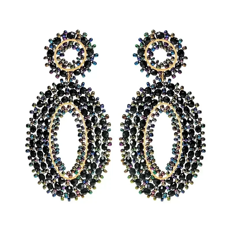 Beaded earrings Ellipsoid Crystal Originality Geometry Hand knitting Bohemia Alloy Versatile Tide Female Rice bead earrings