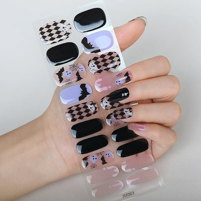 20 Tips Halloween Semi-cured Gel Nail Sticker UV Lamp Needed Full Cover Nail Gel Polish Wraps Manicure Press on Nails Decal