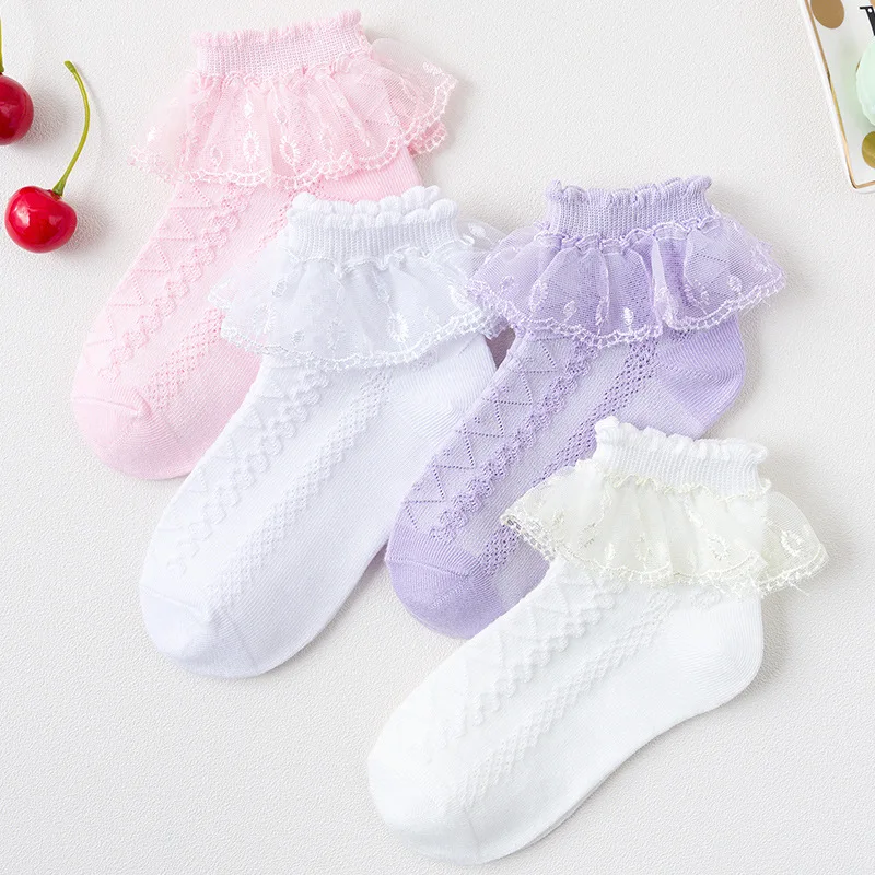 3 Pairs/Lot Girls Socks Spring Cotton Children Lace Flower Dance Sock Thin Mesh White Ruffle Frilly Kids Princess Socken