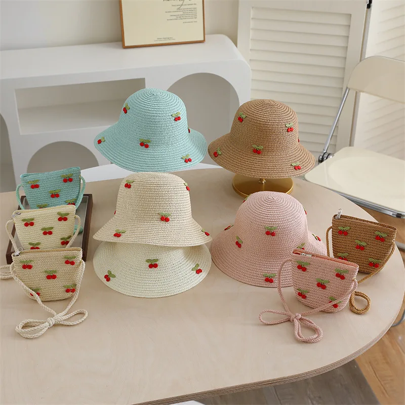 Kinder Strohhut Kirsche Tasche Sommer koreanische Version breite Krempe Sonnenhüte Mädchen Baby Eltern-Kind Outdoor Reise Cap Bob