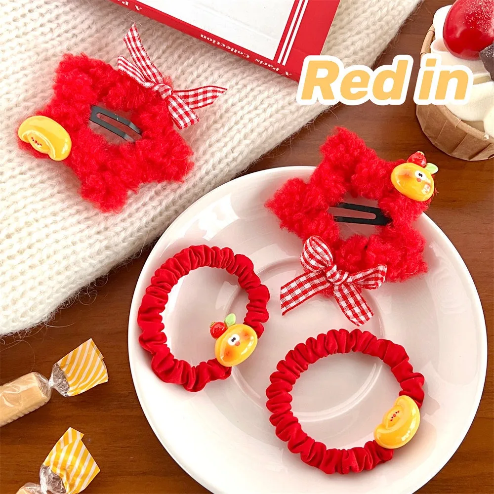 Red Color Plush Star Hair Clip Korean Style Bow Hairpin New Year Hairpin Hair Accessories Barrettes Star Duckbill Clip Daily