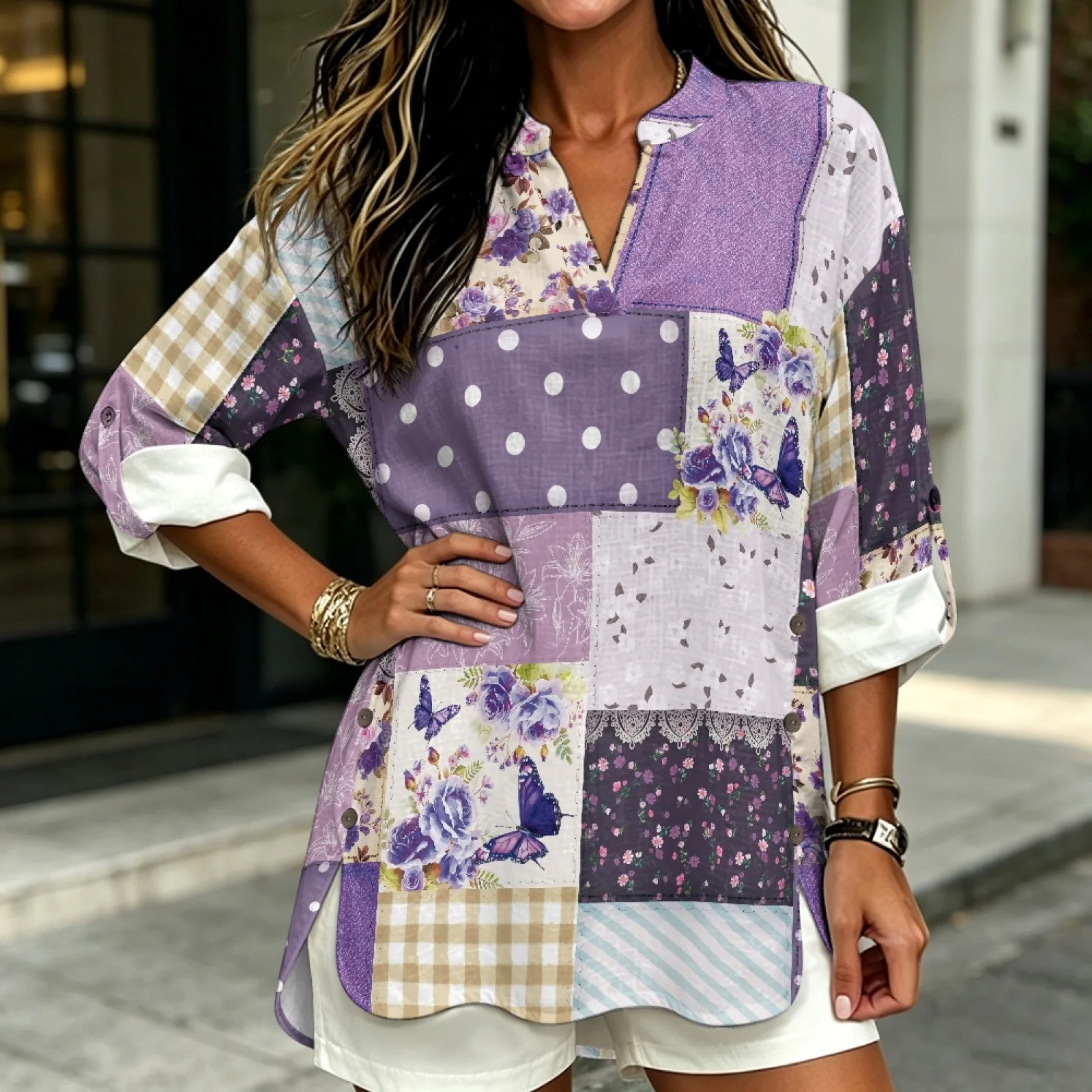 PENSTROLL Patchwork Floral Quilted Breathable Casual Shirts for Womens Linen Like Loose Fit Blouses Casual Loose Fit Blouses