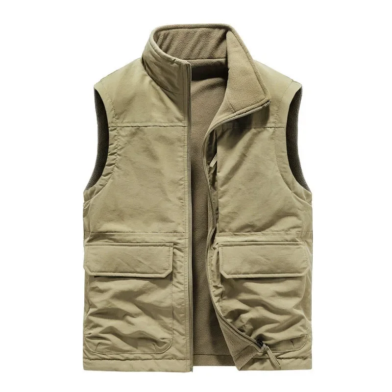 

Reversible Sleeveless Vest Jacket Men Thicken Warm Fleece Winter Waistcoat Man Solid Casual Zipper Stand-Up Collar Cargo Vest