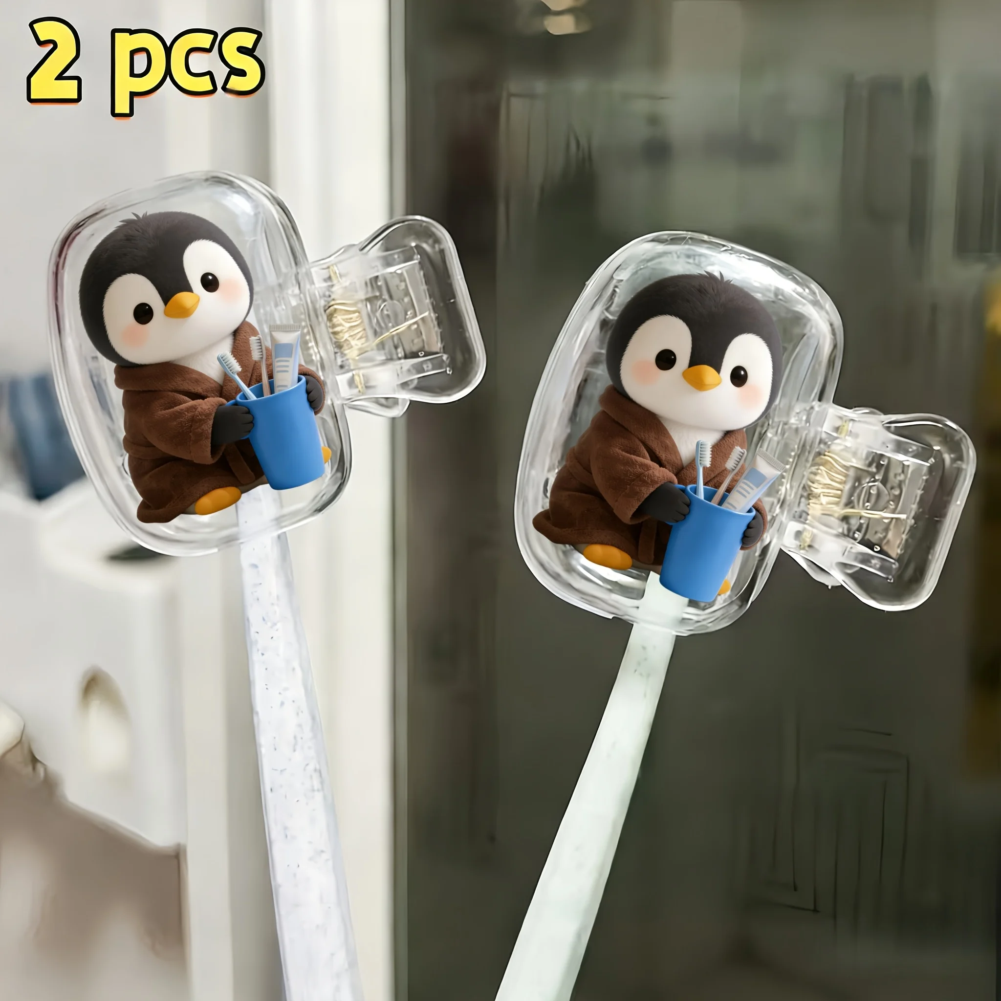 2pcs Penguin in Bathrobe Holding Toothbrush Cup Portable Dustproof Toothbrush Holder Suitable for Various Sizes of Travel Sets