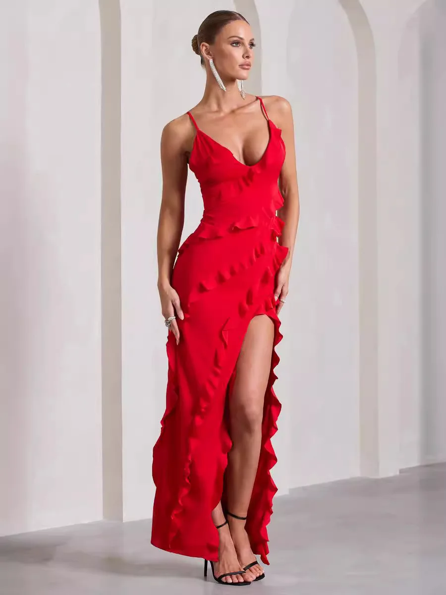 Elegant V-neck Sleeveless Long Tube Dress for Women Chic Ruffle Draped Side Split Summer Party Robe 2025 Style Female Fashion