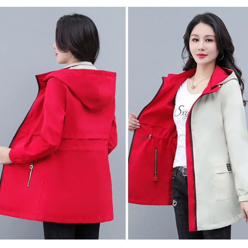 

Double-sided Trench Coat Women Mid Long Coat Spring Autumn New Removable Hat Large Size Fashion Loose Top Female Windbreakers