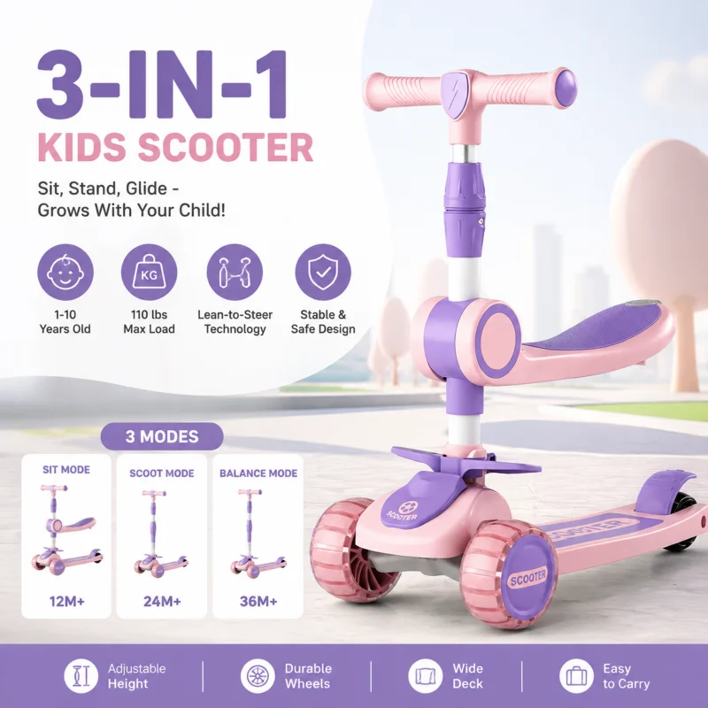 Sitting Stool Style Adjustable Foldable 3-Wheel Kids Kick Scooter for Children Outdoor Play with Widening Flash Wheel & Music