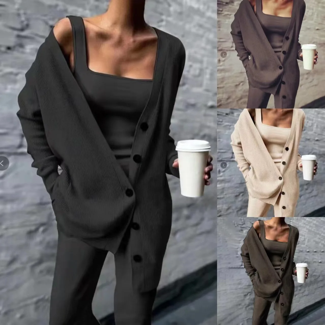 Women Solid Knitted 3 Pices Set Cardigan Tops Tank Top And Casual Loose Long Pants Chic Suit Tracksuit Fall Winter