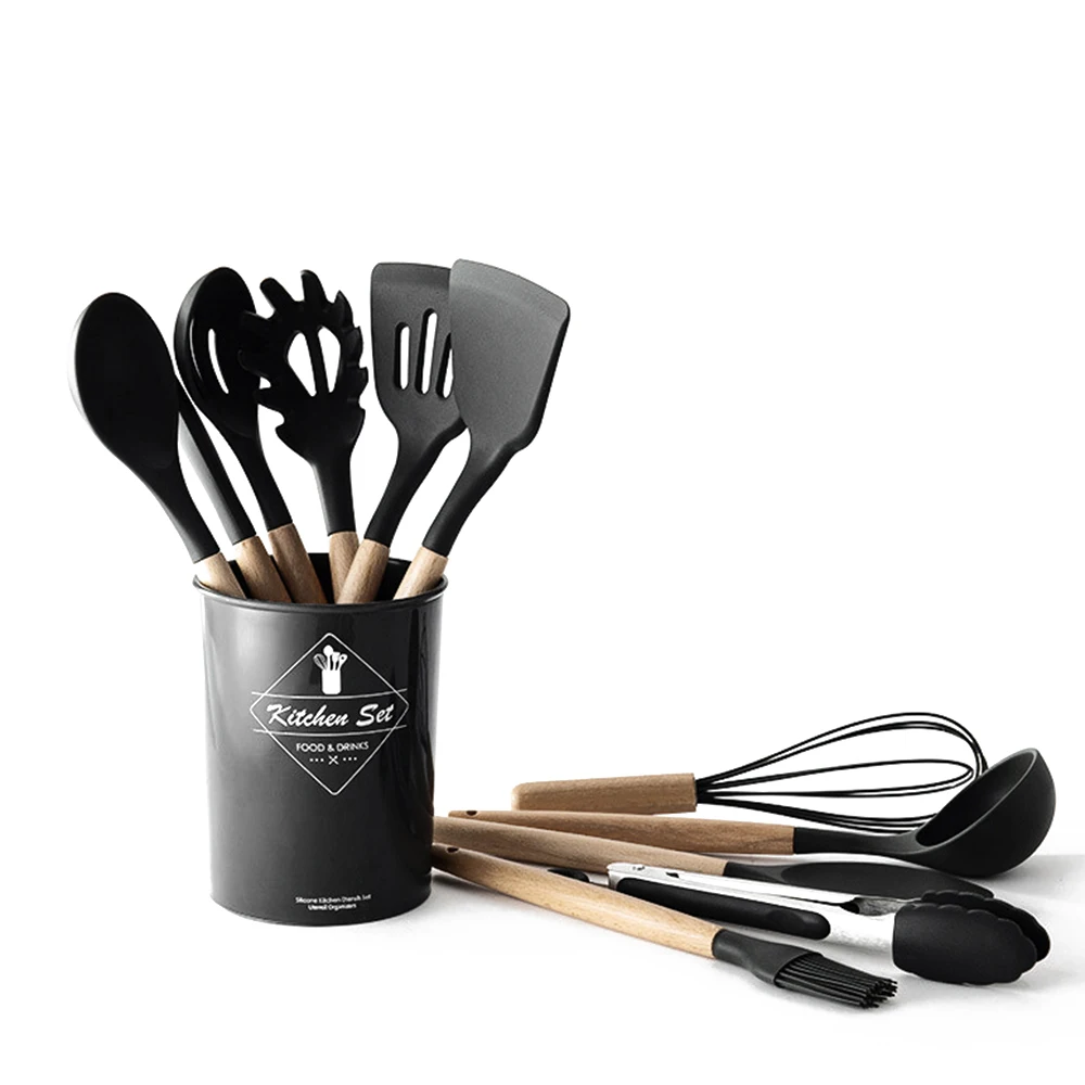 Silicone Kitchenware Utensils Set Black Non-stick Cookware Spatula Shovel Egg Beaters Wooden Handle Kitchen Cooking Tool Set