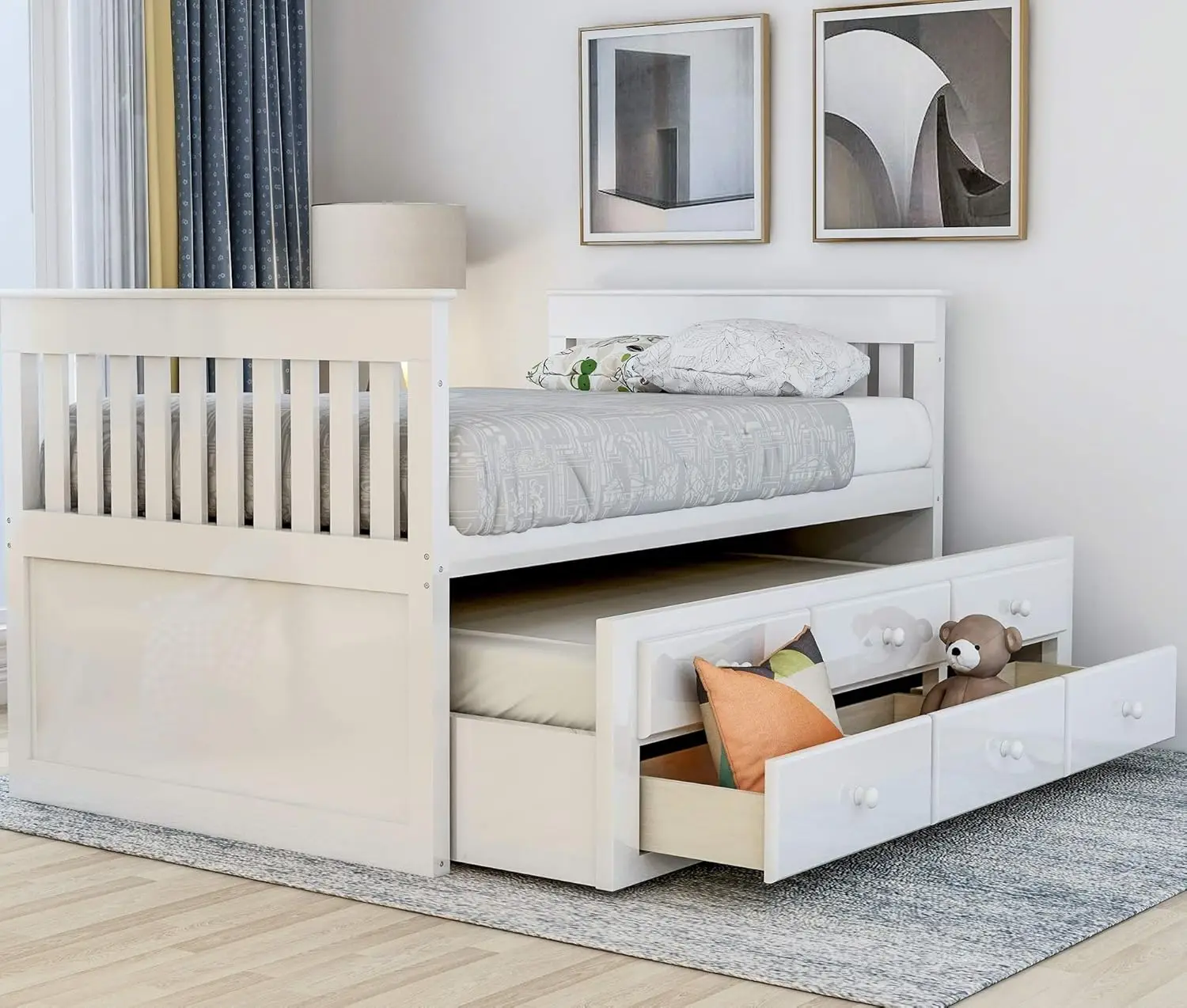 

Twin Captain’S Bed Storage Daybed With Trundle And Drawers For Kids Guests (White)