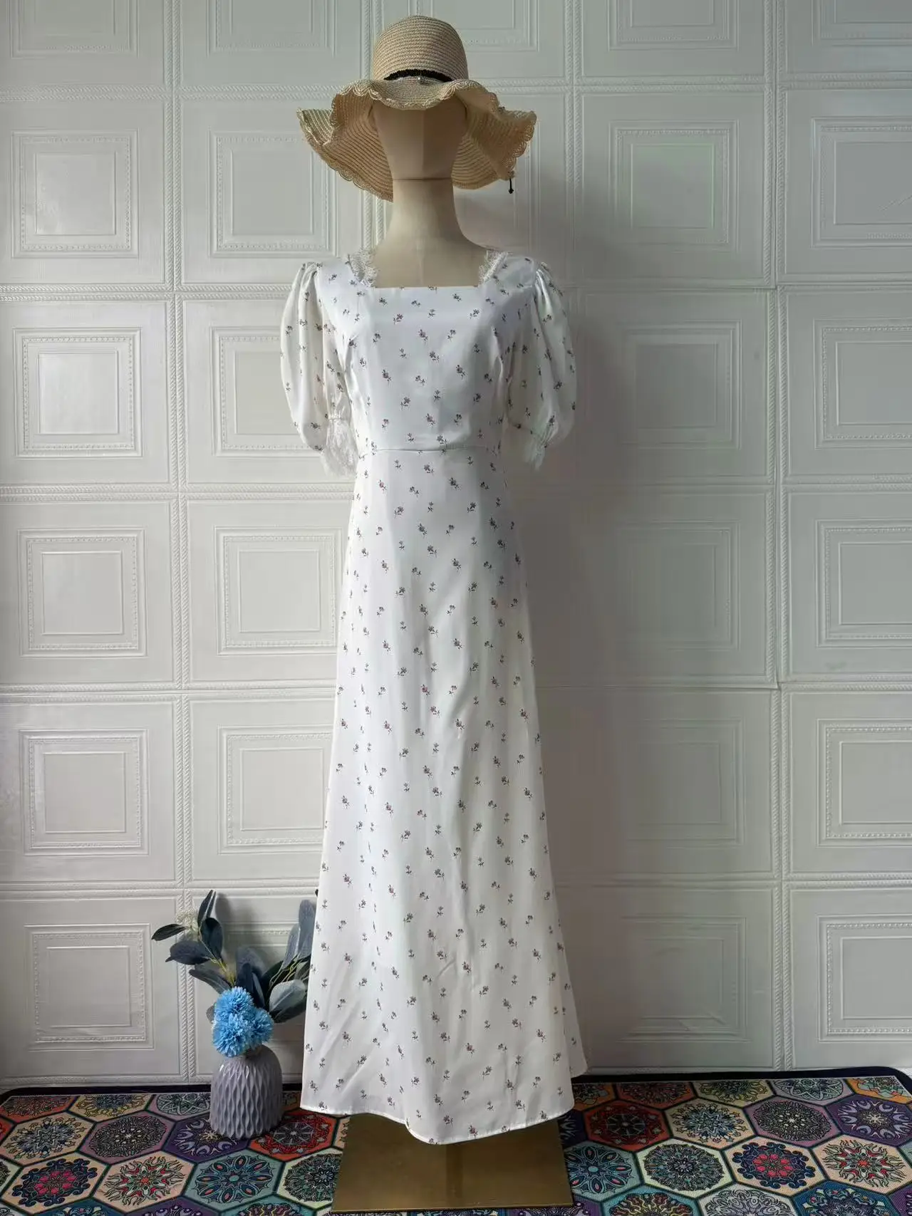 Chic Satin Printing Lace Up Dresses Spring Women Puff Sleeve Square Neck Long Dress Summer High Waist Slim Ankle Length Dress